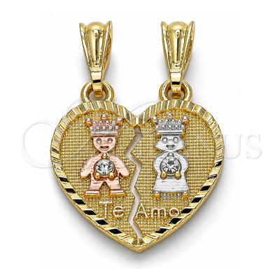 Oro Laminado Fancy Pendant, Gold Filled Style Little Girl and Little Boy Design, with White Crystal, Polished, Tricolor, 05.351.0109.1