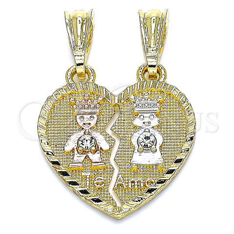 Oro Laminado Fancy Pendant, Gold Filled Style Little Girl and Little Boy Design, with White Crystal, Polished, Tricolor, 05.351.0109.1