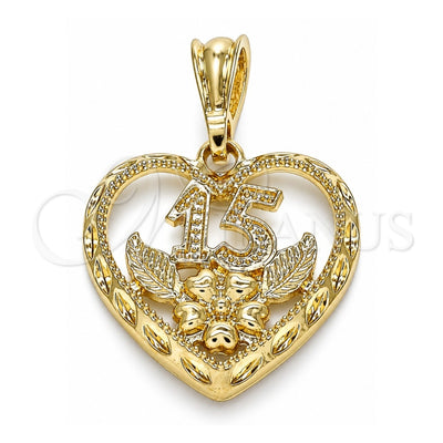 Oro Laminado Fancy Pendant, Gold Filled Style Heart and Flower Design, Polished, Golden Finish, 05.351.0110.1