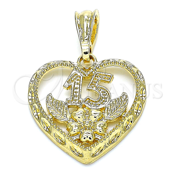 Oro Laminado Fancy Pendant, Gold Filled Style Heart and Flower Design, Polished, Golden Finish, 05.351.0110.1