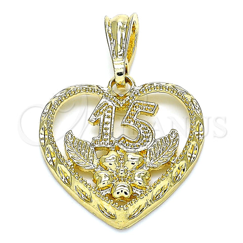 Oro Laminado Fancy Pendant, Gold Filled Style Heart and Flower Design, Polished, Golden Finish, 05.351.0110.1