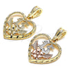 Oro Laminado Fancy Pendant, Gold Filled Style Heart and Flower Design, Polished, Golden Finish, 05.351.0110.1