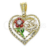 Oro Laminado Fancy Pendant, Gold Filled Style Flower and Butterfly Design, with White Crystal, Polished, Tricolor, 05.351.0111.2
