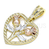 Oro Laminado Fancy Pendant, Gold Filled Style Heart and Flower Design, Polished, Tricolor, 05.351.0112.1