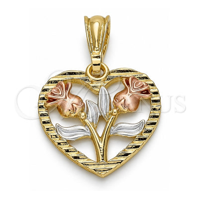Oro Laminado Fancy Pendant, Gold Filled Style Heart and Flower Design, Polished, Tricolor, 05.351.0112.1