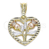 Oro Laminado Fancy Pendant, Gold Filled Style Heart and Flower Design, Polished, Tricolor, 05.351.0112.1