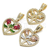 Oro Laminado Fancy Pendant, Gold Filled Style Heart and Flower Design, Polished, Tricolor, 05.351.0112.1
