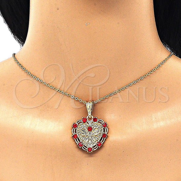 Oro Laminado Fancy Pendant, Gold Filled Style Heart and Butterfly Design, with Garnet Crystal, Polished, Golden Finish, 05.351.0113
