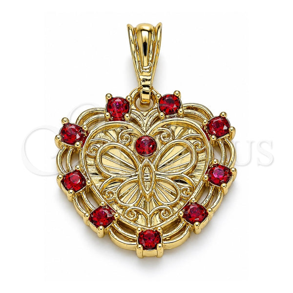 Oro Laminado Fancy Pendant, Gold Filled Style Heart and Butterfly Design, with Garnet Crystal, Polished, Golden Finish, 05.351.0113