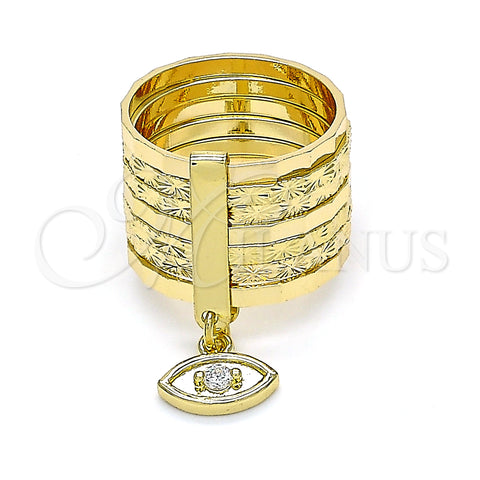 Oro Laminado Multi Stone Ring, Gold Filled Style Semanario and Evil Eye Design, with White Cubic Zirconia, Diamond Cutting Finish, Golden Finish, 01.253.0033.1.07 (Size 7)