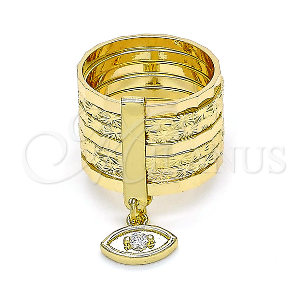 Oro Laminado Multi Stone Ring, Gold Filled Style Semanario and Evil Eye Design, with White Cubic Zirconia, Diamond Cutting Finish, Golden Finish, 01.253.0033.1.08 (Size 8)