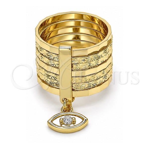 Oro Laminado Multi Stone Ring, Gold Filled Style Semanario and Evil Eye Design, with White Cubic Zirconia, Diamond Cutting Finish, Golden Finish, 01.253.0033.1.09 (Size 9)