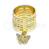 Oro Laminado Multi Stone Ring, Gold Filled Style Semanario and Butterfly Design, with White Crystal, Diamond Cutting Finish, Golden Finish, 01.253.0035.1.07 (Size 7)