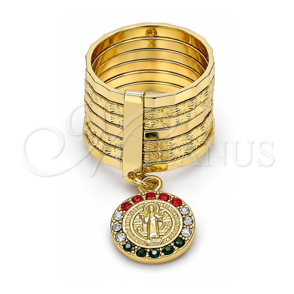 Oro Laminado Multi Stone Ring, Gold Filled Style Semanario and San Benito Design, with Multicolor Crystal, Diamond Cutting Finish, Golden Finish, 01.253.0036.1.07 (Size 7)