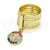 Oro Laminado Multi Stone Ring, Gold Filled Style Semanario and Guadalupe Design, with Multicolor Crystal, Diamond Cutting Finish, Golden Finish, 01.253.0039.1.07 (Size 7)