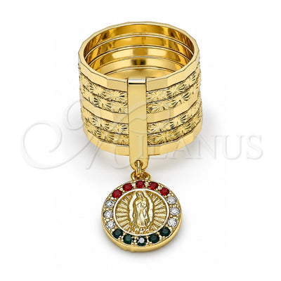 Oro Laminado Multi Stone Ring, Gold Filled Style Semanario and Guadalupe Design, with Multicolor Crystal, Diamond Cutting Finish, Golden Finish, 01.253.0039.1.07 (Size 7)