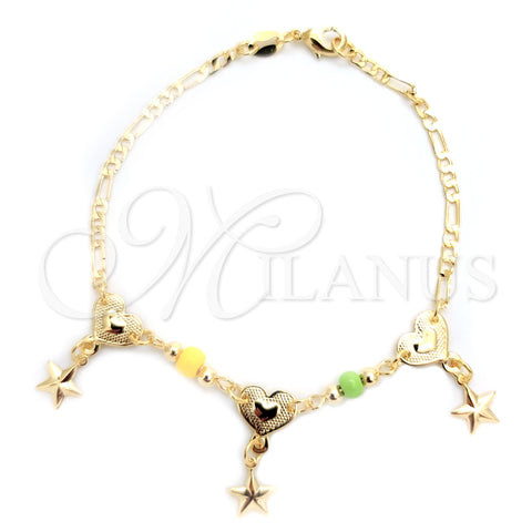 Oro Laminado Charm Bracelet, Gold Filled Style Heart and Star Design, with Yellow and Light Olive Opal, Polished, Golden Finish, 03.32.0295.07