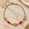 Oro Laminado Fancy Bracelet, Gold Filled Style Shell and Concave Cuban Design, with Orange Opal, Polished, Golden Finish, 03.32.0299.07 (7 Inches Length)