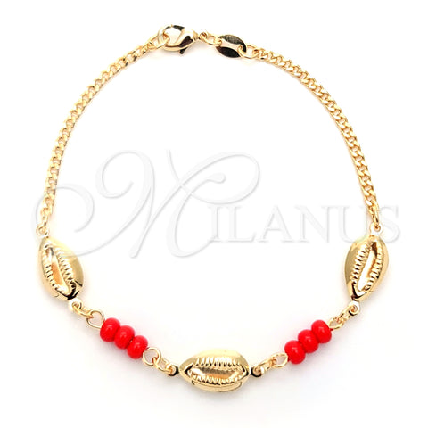 Oro Laminado Fancy Bracelet, Gold Filled Style Shell and Concave Cuban Design, with Orange Opal, Polished, Golden Finish, 03.32.0299.07 (7 Inches Length)