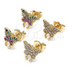 Oro Laminado Stud Earring, Gold Filled Style Butterfly Design, with White Micro Pave, Polished, Golden Finish, 02.210.0354