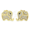 Oro Laminado Stud Earring, Gold Filled Style Elephant Design, with White and Black Micro Pave, Polished, Golden Finish, 02.210.0355