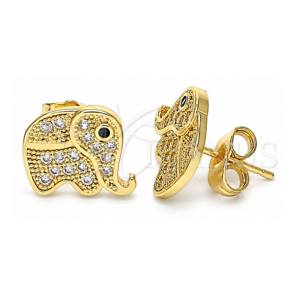 Oro Laminado Stud Earring, Gold Filled Style Elephant Design, with White and Black Micro Pave, Polished, Golden Finish, 02.210.0355