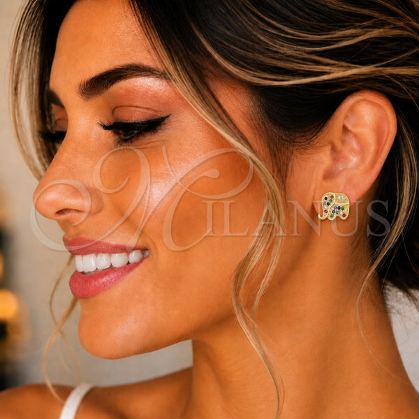 Oro Laminado Stud Earring, Gold Filled Style Elephant Design, with Multicolor Micro Pave, Polished, Golden Finish, 02.210.0355.1