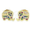 Oro Laminado Stud Earring, Gold Filled Style Elephant Design, with Multicolor Micro Pave, Polished, Golden Finish, 02.210.0355.1
