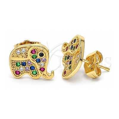 Oro Laminado Stud Earring, Gold Filled Style Elephant Design, with Multicolor Micro Pave, Polished, Golden Finish, 02.210.0355.1