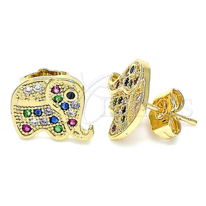 Oro Laminado Stud Earring, Gold Filled Style Elephant Design, with Multicolor Micro Pave, Polished, Golden Finish, 02.210.0355.1