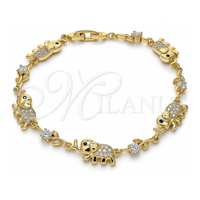Oro Laminado Fancy Bracelet, Gold Filled Style Elephant and Leaf Design, with White Micro Pave and White Cubic Zirconia, Polished, Golden Finish, 03.210.0138.08 (10 MM Thickness, 8 Inches Length)