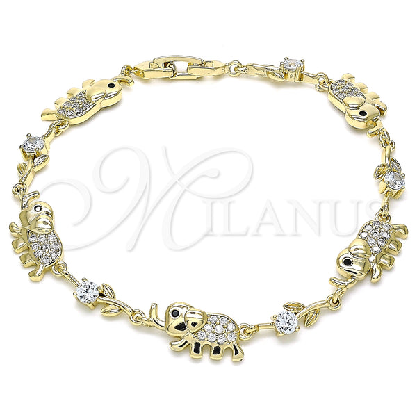 Oro Laminado Fancy Bracelet, Gold Filled Style Elephant and Leaf Design, with White Micro Pave and White Cubic Zirconia, Polished, Golden Finish, 03.210.0138.08 (10 MM Thickness, 8 Inches Length)