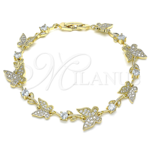 Oro Laminado Fancy Bracelet, Gold Filled Style Butterfly and Leaf Design, with White Micro Pave and White Cubic Zirconia, Polished, Golden Finish, 03.210.0141.08 (12 MM Thickness, 8 Inches Length)