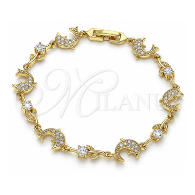 Oro Laminado Fancy Bracelet, Gold Filled Style Dolphin and Leaf Design, with White Micro Pave and White Cubic Zirconia, Polished, Golden Finish, 03.210.0145.08 (09 MM Thickness, 8 Inches Length)