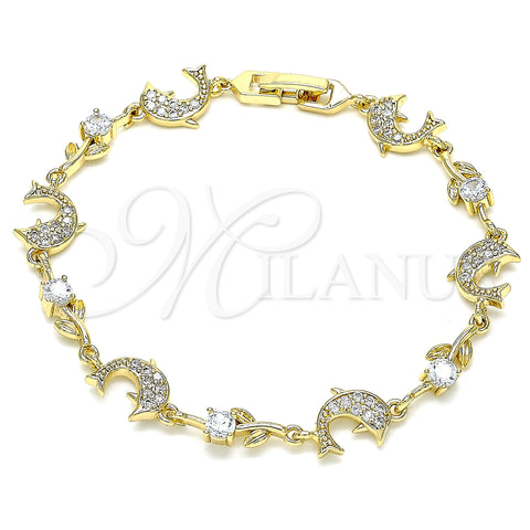Oro Laminado Fancy Bracelet, Gold Filled Style Dolphin and Leaf Design, with White Micro Pave and White Cubic Zirconia, Polished, Golden Finish, 03.210.0145.08 (09 MM Thickness, 8 Inches Length)