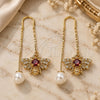 Oro Laminado Threader Earring, Gold Filled Style Bee Design, with Garnet and White Cubic Zirconia, Polished, Golden Finish, 02.210.0357.1