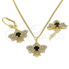 Oro Laminado Earring and Pendant Adult Set, Gold Filled Style Bee Design, with Black and White Cubic Zirconia, Polished, Golden Finish, 10.210.0140.2