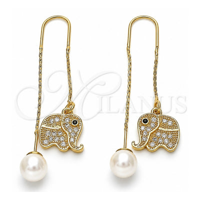 Oro Laminado Threader Earring, Gold Filled Style Elephant Design, with White and Black Micro Pave, Polished, Golden Finish, 02.210.0358