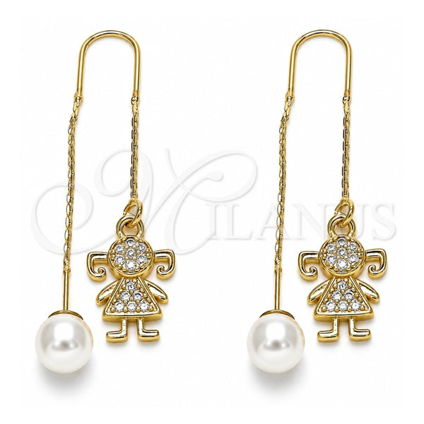 Oro Laminado Threader Earring, Gold Filled Style Little Girl Design, with White Micro Pave, Polished, Golden Finish, 02.210.0359