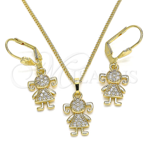 Oro Laminado Earring and Pendant Adult Set, Gold Filled Style Little Girl Design, with White Micro Pave, Polished, Golden Finish, 10.210.0142