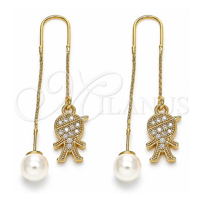 Oro Laminado Threader Earring, Gold Filled Style Little Boy Design, with White Micro Pave, Polished, Golden Finish, 02.210.0360