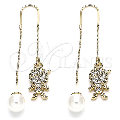 Oro Laminado Threader Earring, Gold Filled Style Little Boy Design, with White Micro Pave, Polished, Golden Finish, 02.210.0360