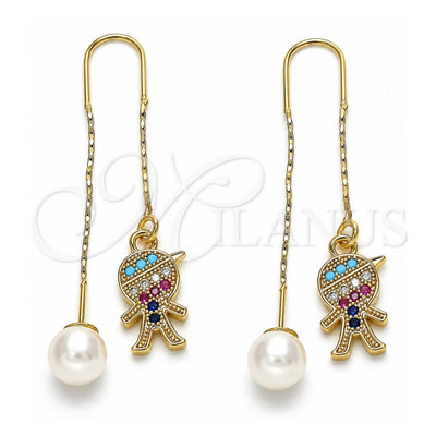 Oro Laminado Threader Earring, Gold Filled Style Little Boy Design, with Multicolor Micro Pave, Polished, Golden Finish, 02.210.0360.1