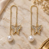 Oro Laminado Threader Earring, Gold Filled Style Butterfly Design, with White Micro Pave, Polished, Golden Finish, 02.210.0361