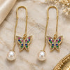 Oro Laminado Threader Earring, Gold Filled Style Butterfly Design, with Multicolor Micro Pave, Polished, Golden Finish, 02.210.0361.1