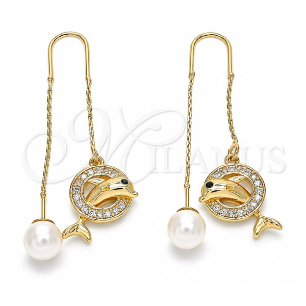 Oro Laminado Threader Earring, Gold Filled Style Dolphin Design, with White and Black Micro Pave, Polished, Golden Finish, 02.210.0364