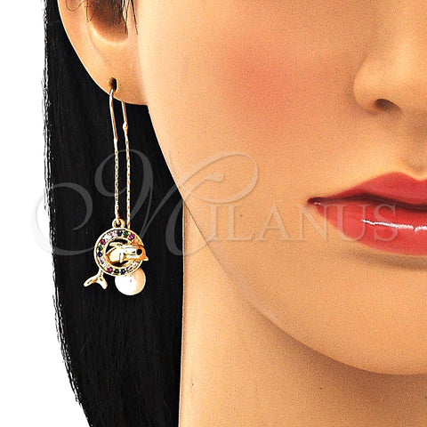 Oro Laminado Threader Earring, Gold Filled Style Dolphin Design, with Multicolor Micro Pave, Polished, Golden Finish, 02.210.0364.1