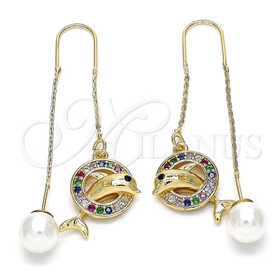 Oro Laminado Threader Earring, Gold Filled Style Dolphin Design, with Multicolor Micro Pave, Polished, Golden for wholesale, main product view