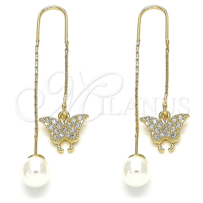 Oro Laminado Threader Earring, Gold Filled Style Butterfly Design, with White Micro Pave, Polished, Golden for wholesale, main product view