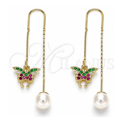 Oro Laminado Threader Earring, Gold Filled Style Butterfly Design, with Multicolor Micro Pave, Polished, Golden Finish, 02.210.0365.1